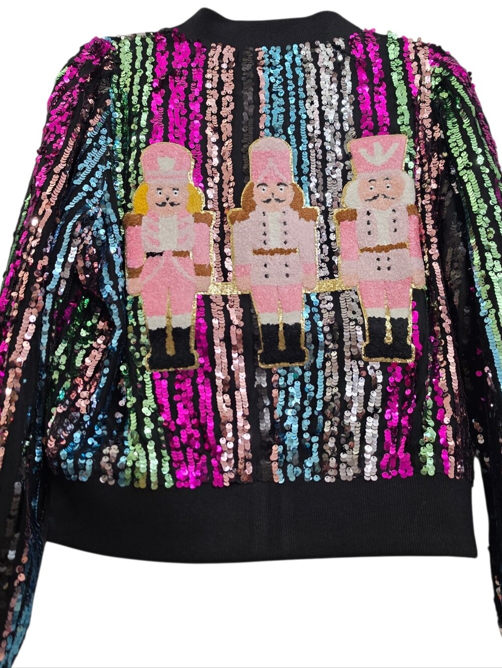 Judith March 3 Nutcrackers On Back Of Multicolor Sequined Zip Front Crop Jacket